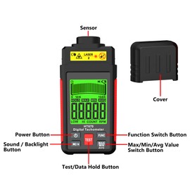 Digital Tachometer Non-Contact RPM Meter (10-99999 RPM), High Accuracy Laser Digital Tachometer Tester with Reflective Tape, Backlit LCD, Data Hold & MAX/MIN/AVG Functions