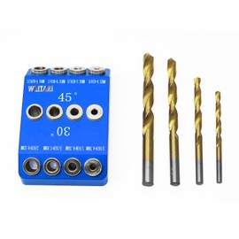 WEITARI Drill Guide Jig, 4 Bits for Straight and 30 45 90 Degree Angled Holes, 4 Sizes All Metal Jig for Stairs Handrail, Cable Railing, Deck, Wood Post and Lag Screw Blue