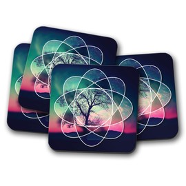 4 Set - Geometric Space Coaster - Tree Galaxy Fantasy Stars Fun #8837