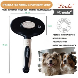 Linda Miranda Brush for Dogs and Cats with Automatic Cleaning - Stainless Steel Bristles, Massage and Gentle Care, Durable - Ideal for Long and Short Hair