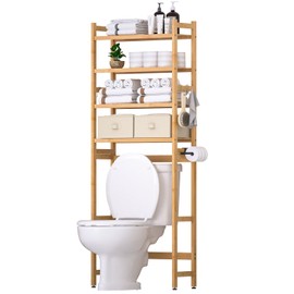 Cozivolife Over The Toilet Storage with 2 Baskets, 4-Tier Bamboo Organizer Rack with Paper Holder & 4 Hooks & Waterproof Feet Pad,Freestanding Shelf for Bathroom(Natural)