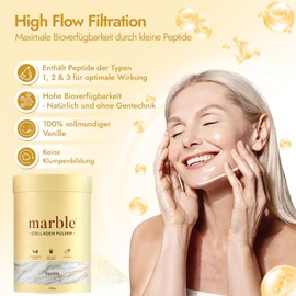 marble® Collagen Powder 500 g - Collagen Peptides Skin Glow - 60 Days Risk-free Test - Amino Acids Complex High Dose - Collagen Powder in Cardboard Box without Plastic Spoon - Vanilla