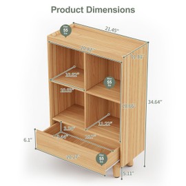 YOSHOOT 4 Cube Bookshelf with 1 Drawer - 21.7" Wood Cube Bookcase with Legs, Open Cubby Bookshelves for Bedroom, Living Room,Home Office, Nature
