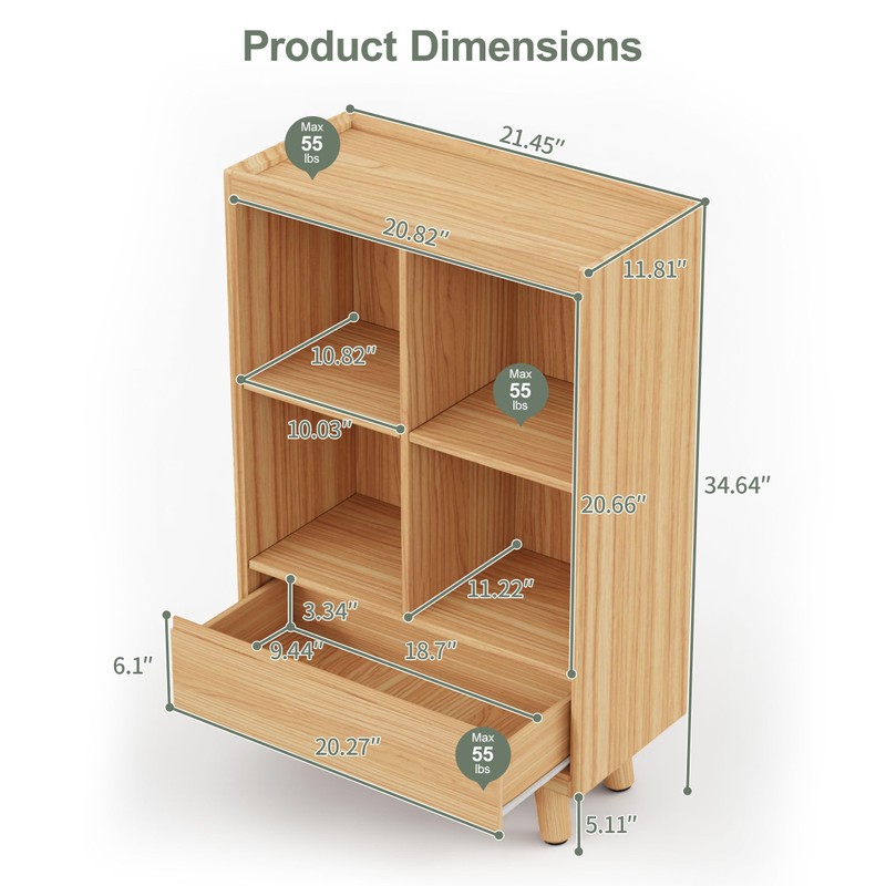 YOSHOOT 4 Cube Bookshelf with 1 Drawer - 21.7" Wood