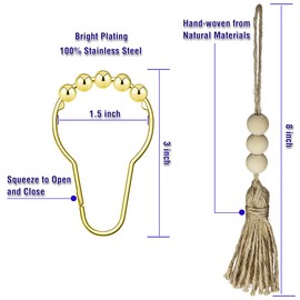 Yapicoco Shower Curtain Hooks Rings for Bathroom, 12PCS Bronze Stainless Steel Rust Resistant Shower Curtain Rings for Shower Curtains, Kitchen Utensils, etc. (Gold with Tassel)