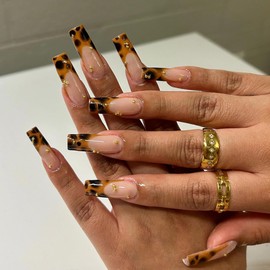 BABALAL Square Press on Nails Long Fake Nails Brown French Tip Glue on Cheetah Design Fall Acrylic Nails 24Pcs Manicure Ombre Squoval Stick on Full Cover False Nail