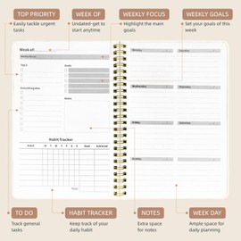 Stanoha Weekly Planner Undated - 52 Weeks To Do List Notebook A5 for Work: Weekly Task, Habit Tracker Journal, Goal Setting, Agenda Sprial Bound Organizer Book for Women Cute Stylish Design, Cat