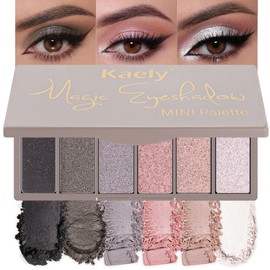 Kaely 6 Colors Mini Eyeshadow Makeup Palette for Women Natural Looks, Black Dark Smoky Grey Nude Pink Rose Champagne Gold Pearl White Glitter Shimmer Eye Shadow Palette Built in Mirror Travel Size 03
