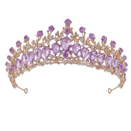 Women Wedding Crown Zinc Alloy Exquisite Rhinestone Bride Crown Hair Accessories for Prom Costume Party Gold and Purple