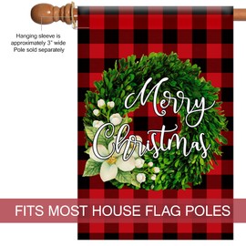 Texupday Merry Christmas Boxwood Wreath Winter House Flag Buffalo Check Plaid Rustic Farmhouse Outdoor Yard Flag 28" x 40"