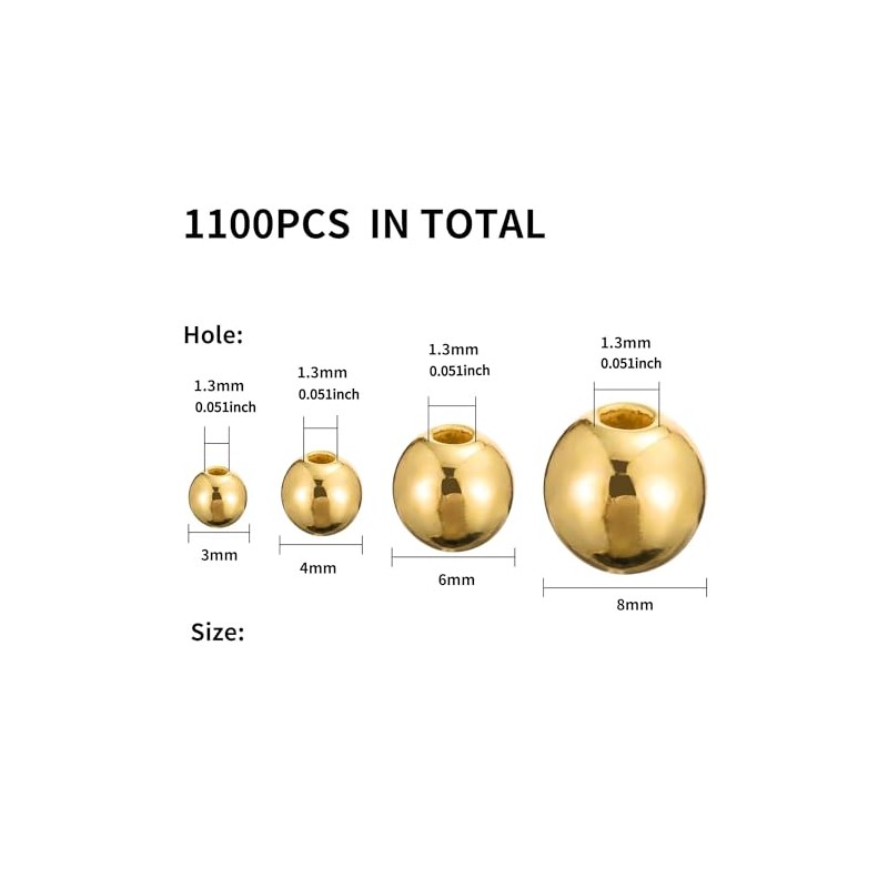 1100 abalorio redondas lisas – 3/4/6/8 mm de oro espaciador