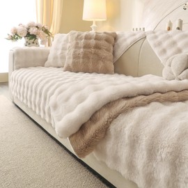 Aucrovee Soft Plush Faux Fur Couch Cover, Thick Warm Fuzzy Sectional Sofa Covers for 3 Cushion Couch Sofa L Sharped Sofa Non Slip Slipcover, Furniture Protector Covers for Pets(1 PCS 36"x36" White)