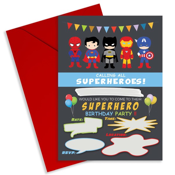 Cute Little Gift Shop Superhero Birthday Party Invitations for Boys & Girls | Kids Invites Pack for Children (20 Pack)