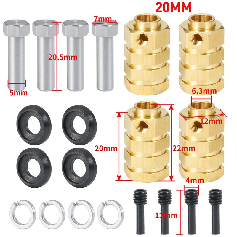 4PCS 12mm Wheel Hubs Hex Pins Adapter-Heavy Duty Brass(5-20mm) for