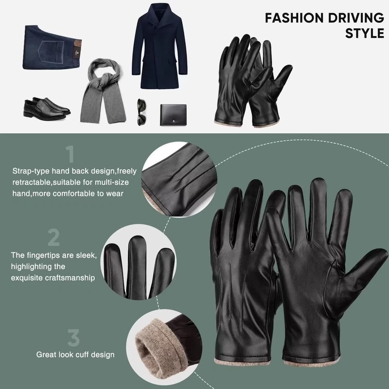 Alepo Winter PU Leather Gloves for Men, Warm Thermal Touchscreen