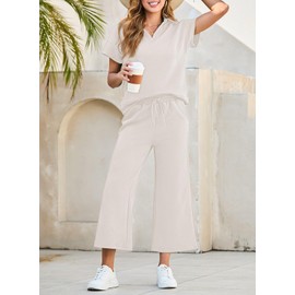 Dokotoo Lounge Sets For Women Comfy Two Piece Set Lapel Collar Textured Workout Track Suits Womens Fashion Cruise Outfits For Women 2025 Matching Pajamas Loungewear Womens Clothes Beige Medium