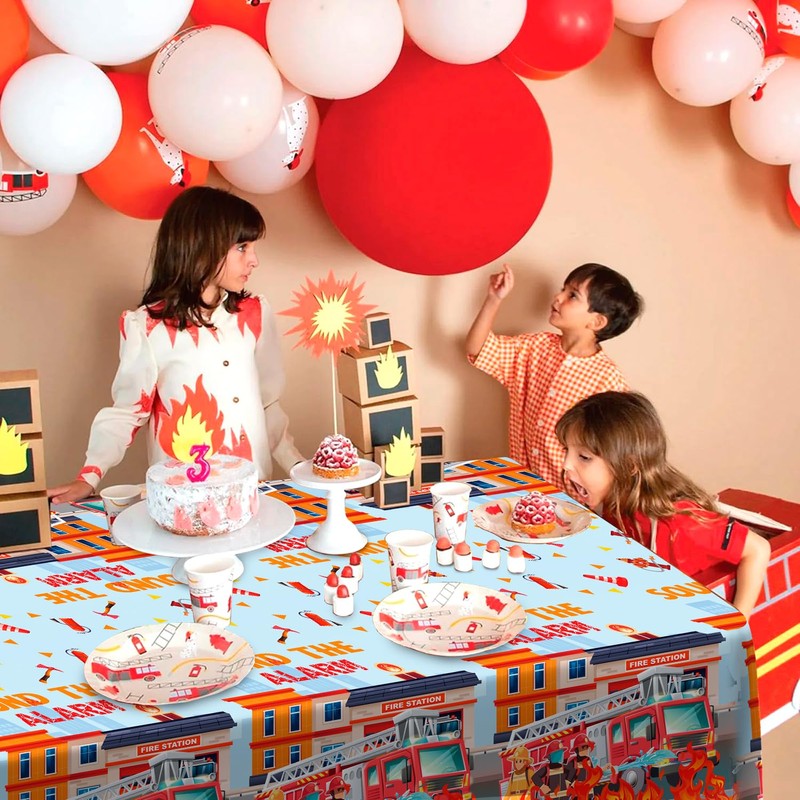 Fire Truck Tablecloth, 3 Pcs Firefighter Party Tablecloth Set -