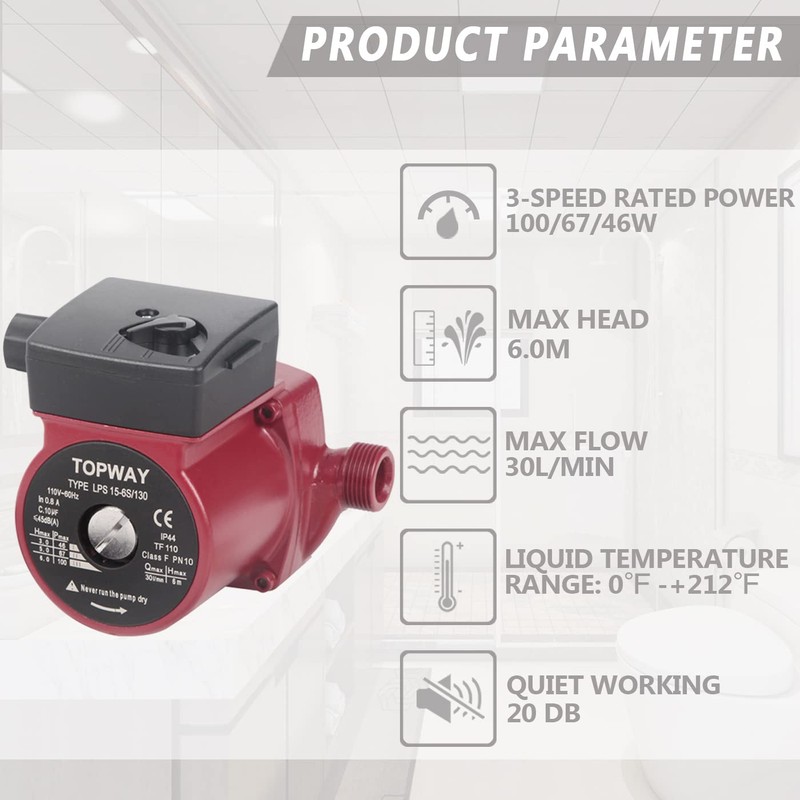 TOPWAY 3/4" NPT 110V Hot Water 3-Speed Circulation Recirculating Pump