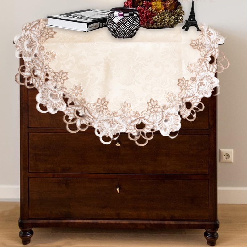 URROMA Round Linen Tablecloth Lace Trim Coffee Table Decoration Table