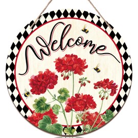 Ripeng Welcome Geranium Flower Sign for Front Door Decor Summer Red Floral Buffalo Plaid Wood Door Hanger for Outdoor Rustic Wall Hanging Decoration Farmhouse Wreath for Indoor Home,11.81 Inch
