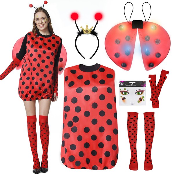 FORMIZON Ladybird Costume Women's Large Sizes Ladybug Costume, Red Ladybird Costume with Glowing Wings and Hair Bands, Fancy Dress Costumes Women's Ladybird for Carnival Dress Up Party Cosplay