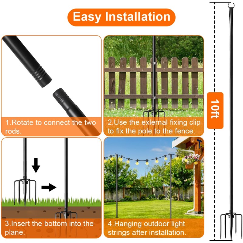 MuliVid 6 Pack 10FT String Light Poles for Outdoor,Metal Lights