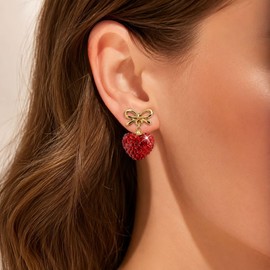 Red Heart Earrings for Women Sparkly Rhinestone Bow Dangle Drop Jewelry Halloween Queen of Hearts Costume Accessories Party Outfit Gifts