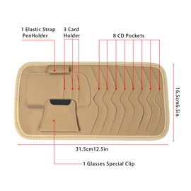 zimois Car Cd Holder,Leather Vehicle Sun Visor Organizer Clip,Cd Visor Holder For Car,Can accommodate 8 CDs, 3 Cards, 1 Pen, And 1 Pair Of Glasses（Off-White）