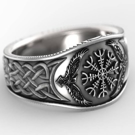 CUSIOALQQ Fashion Sterling Silver Pirate Compass Rings for Men, Norse Viking Ring Magic Compass Viking Jewel Iceland Runic Compass Jewelry, Nordic Hawk Eagle Celts Badge Amulet Gift Q