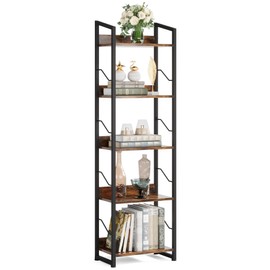 Hosfais 5 Tier Narrow Bookshelf: Tall Bookcase with Edge Protection, Industrial Modern Bookshelves for Bedroom Living Room Home Office (Rustic Brown)