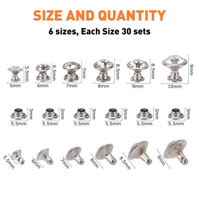 nbeads 180 Sets Rhinestone Rivets, 6 Sizes Silver CZ Clear