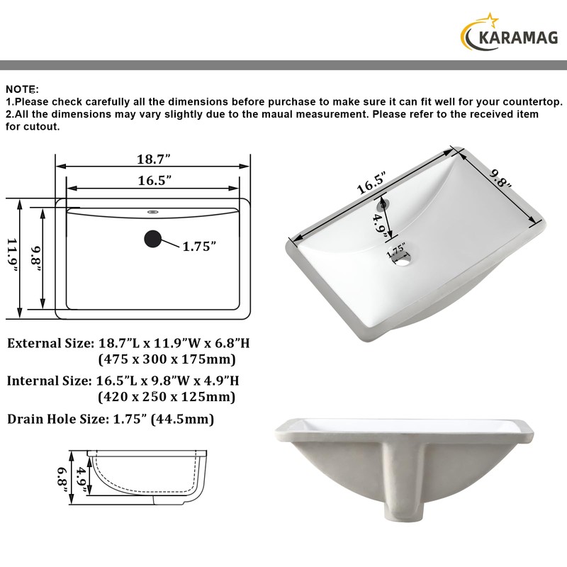 Undermount Bathroom Sink 18.7"X11.9" Inch White Rectangular Porcelain Ceramic Vanity