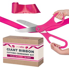 Crutello Giant Ribbon Cutting Ceremony Kit 21" Grand Opening Scissors Set with Sharp, Pink Handled Durable XL Scissors, and 30 Feet of Oversized 4" Wide Pink Ribbon