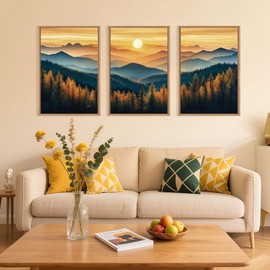 BICERE Large Boho Sunrise Mountain Framed Canvas Wall Art,Abstract Nature Forest Wall Decor,Foggy Pine Tree Wall Painting,Retro Landscape Artwork for Living Room,Bedroom,Dining Room,Office -16"x24"x3