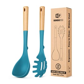 Silicone Soup Ladle and Spaghetti Spoon Set with Wooden Handle, Non Stick Heat Resistant Kitchen Utensils for Cooking, Stirring, Serving Pasta, Soup & Sauce(BLUE)