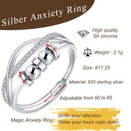Bewenda Silver Anxiety Ring, 925 Sterling Silver Stress Ring for Women, 360° Rotatable Ring with Beads, Adjustable Cross Mood Rings, Anti-Anxiety Rings with Zirconia, Fidget Rings for Anxiety Kids