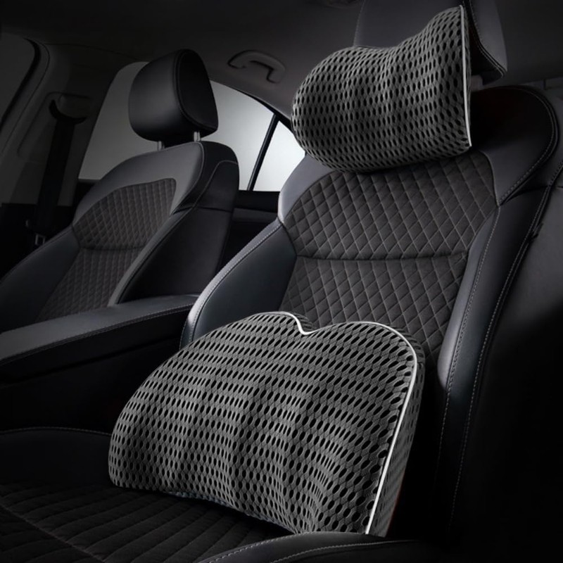 Reposacabezas de Coche y Cojín de Apoyo Lumbar (Gris Oscuro)