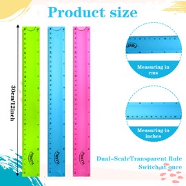 Grevosea 3 PCS Flexible Ruler, 12 Inch Clear Plastic Ruler Soft Bendable Rulers with Centimeters and Inches for Kids and Adults School Classroom Office Supplies (Rose, Green, Blue)