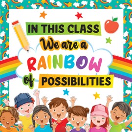 Decorably 64 Pcs Cutouts Rainbow Bulletin Board Decorations Set with Borders, Classroom Decor - School, Homeschool
