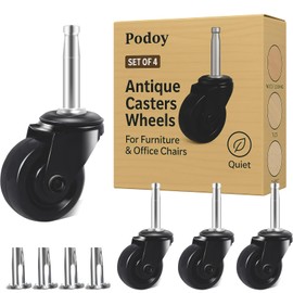 PODOY Antique Brass Casters 1-5/8" with Stem Socket (Set of 4) Rubber Wheels - Universal Fit Replacement Casters for Chairs, Sofas, and Hardwood Floors Vintage Style (1.4" Stem and 0.75" Dia Sockets)