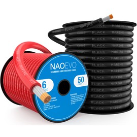 NAOEVO 6 Gauge Marine Wire, 6 AWG Tinned Copper PVC Marine Grade Wire, IP68 Waterproof/Corrosion-Resistant Electrical Cable for Boat, RV, Automotive, Solar, Trolling Motor (50 ft Black + 50 ft Red)