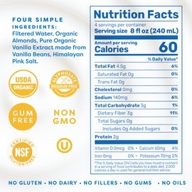 MALK Almond Milk Unsweetened Vanilla (32oz, Pack of 6) - Shelf Stable Organic Almond Milk Vanilla, Non GMO, Whole 30, Dairy Free, Vegan, Plant Based, No Gums or Fillers - Lattes Cereal Coffee Creamer