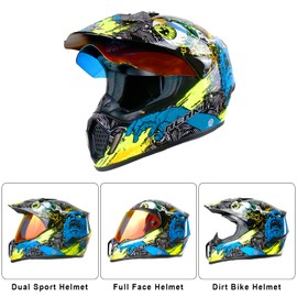 NENKI Adult MX UTV ATV Helmet - Men/Women DOT Approved, Four Wheeler, Skull Decals, Red Visor (Large)