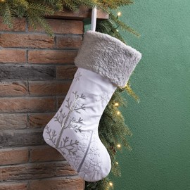 Glitzhome Christmas Stocking 21 Inches White Fleece Christmas Stocking with Christmas Tree Snowflake for Family Decoration Hanging Ornament for Xmas Holiday Party Decor