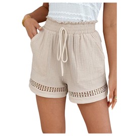 SweatyRocks Women's Summer Casual Eyelet Shorts Trendy Ruffle Boho Drawstring Shorts for Women Khaki Medium