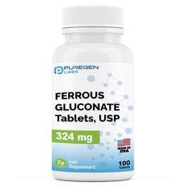 Puregen Labs Ferrous Gluconate 324 mg [High Potency] Iron Supplement, Gentle on Stomach - 100 Tablets