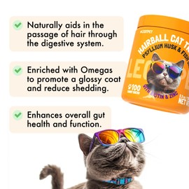 Hairball Treatment for Cats Natural Remedy with Apple Pomace, Psyllium Husk Omega 3 6 Fatty Acids Zinc Biotin Cat Supplement for Indoor Cats Promotes Healthy Digestion Furball Control 95 Yummy Chews