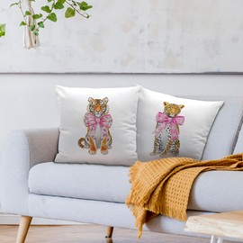 Nvotell Coquette Pink Bow Cheetah Tiger Pillow Covers 18x18, Coquette Preppy Tiger Cheetah Room Decor, Trendy Funky Throw Pillow Covers Pillowcase for Girly Bedroom Dorm Apartment Decor, Set of 2