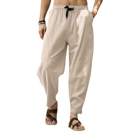 Gafeng Mens Linen Harem Pants Casual Loose Fit Beach Drawstring Elastic Waist Yoga Trousers with Pockets Beige
