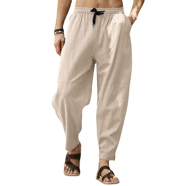 Gafeng Mens Linen Harem Pants Casual Loose Fit Beach Drawstring